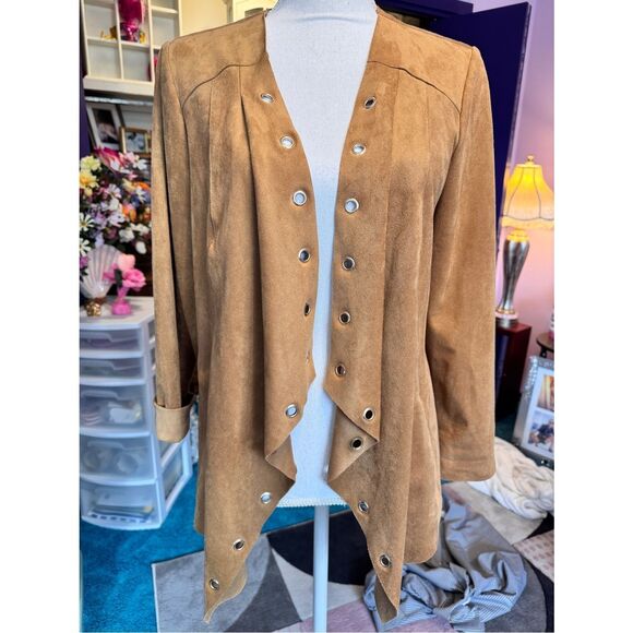 Chico's Sweaters - Chico's Tan Faux Suede Grommet Trim Open Drape Cardigan